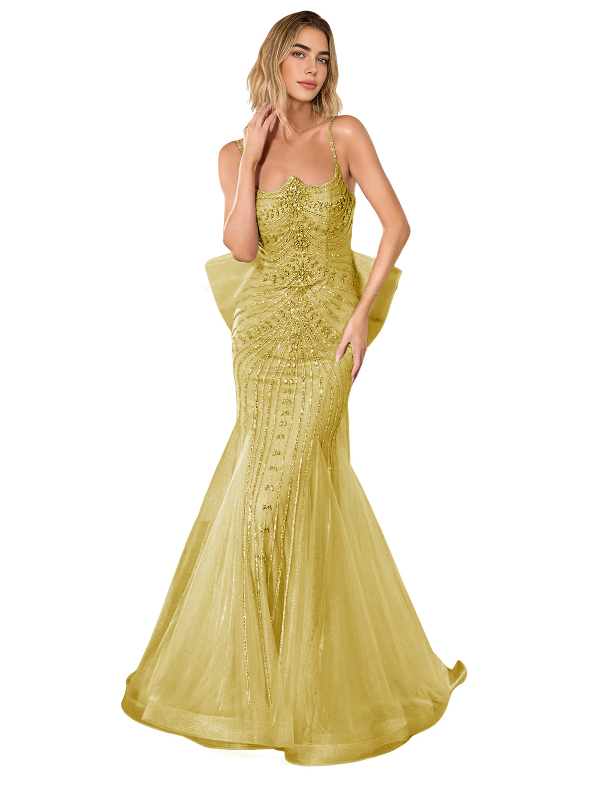 Gold lace corset trumpet prom dress with thin straps and sweep train