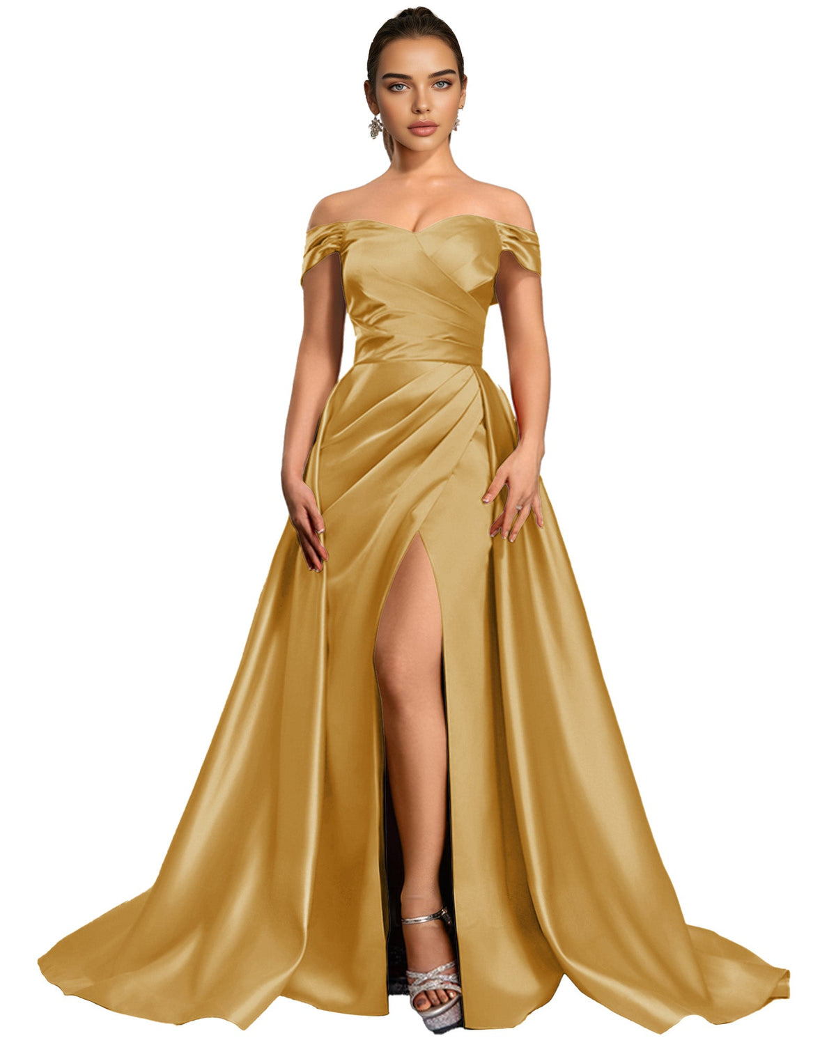 Champagne gold satin off-shoulder ball gown with draped bodice and thigh slit