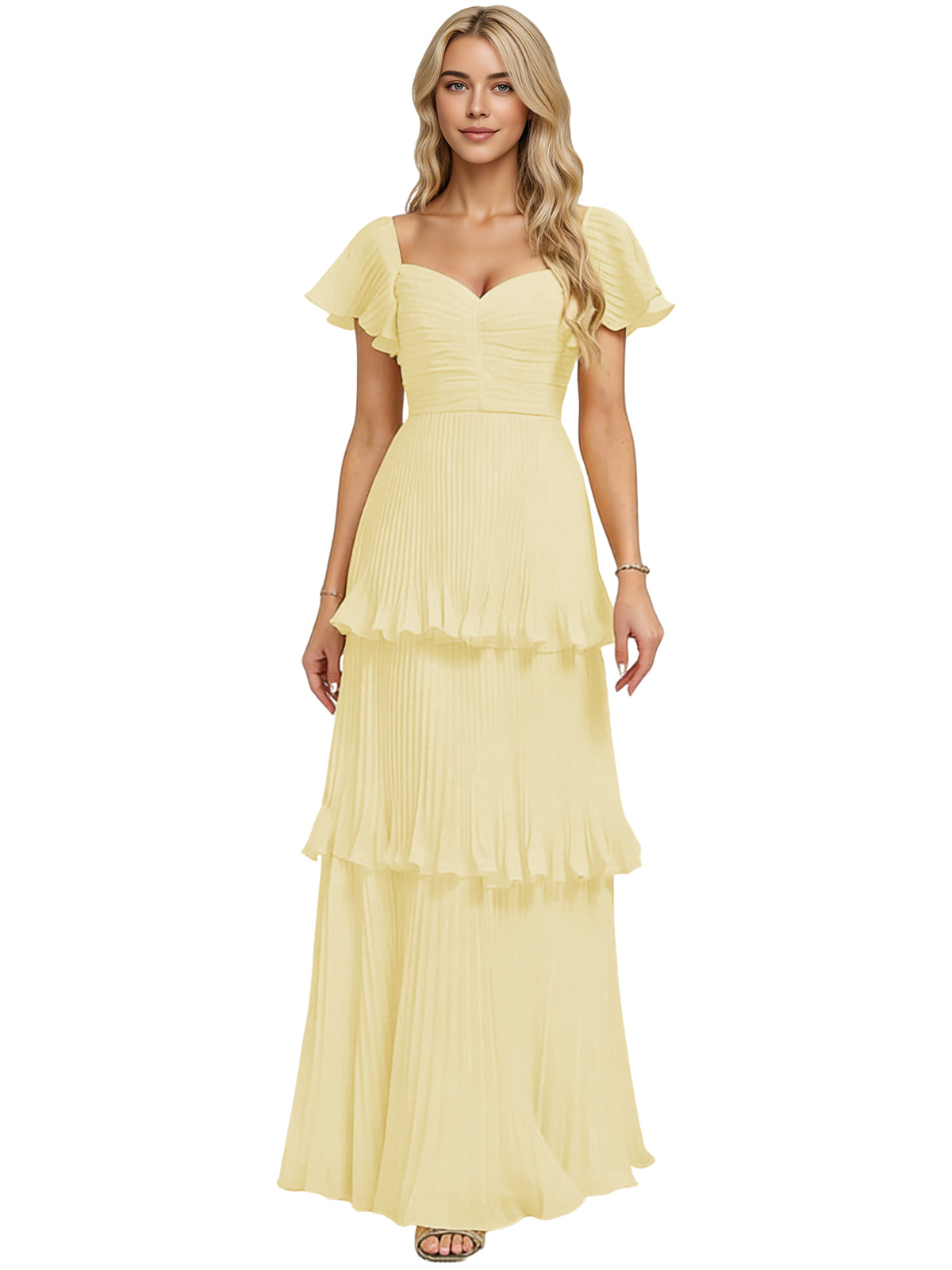 Yellow chiffon bridesmaid dress with sweetheart neckline and tiered ruffle skirt