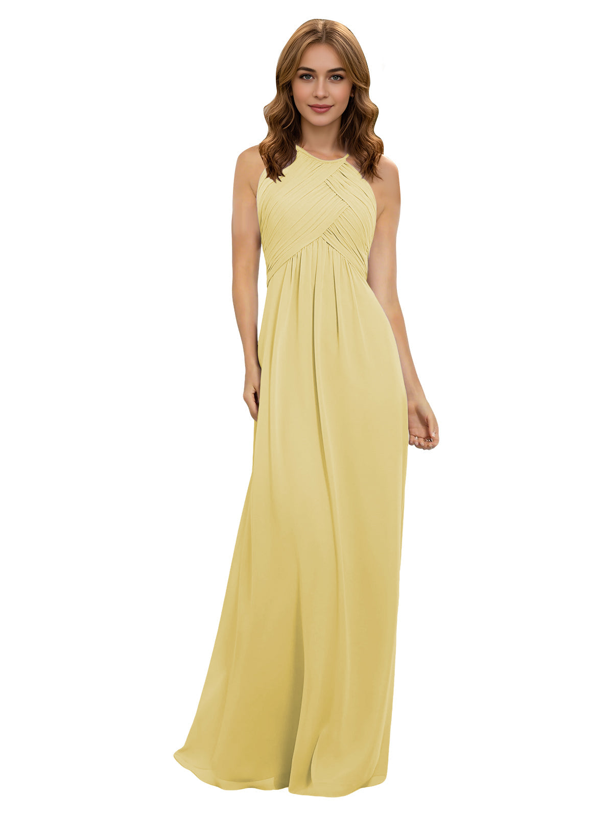 Yellow chiffon halter bridesmaid dress with twisted bodice and keyhole neckline