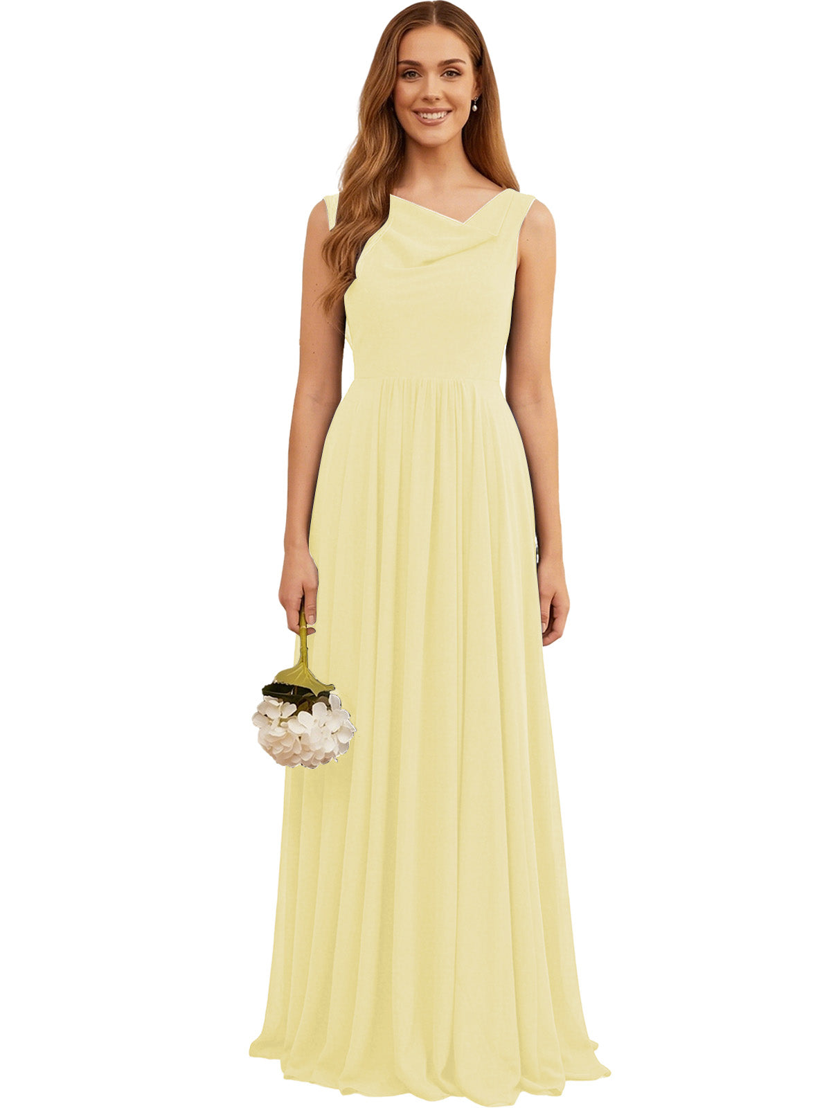 Light yellow chiffon bridesmaid dress, sleeveless V-neck with pleated full skirt