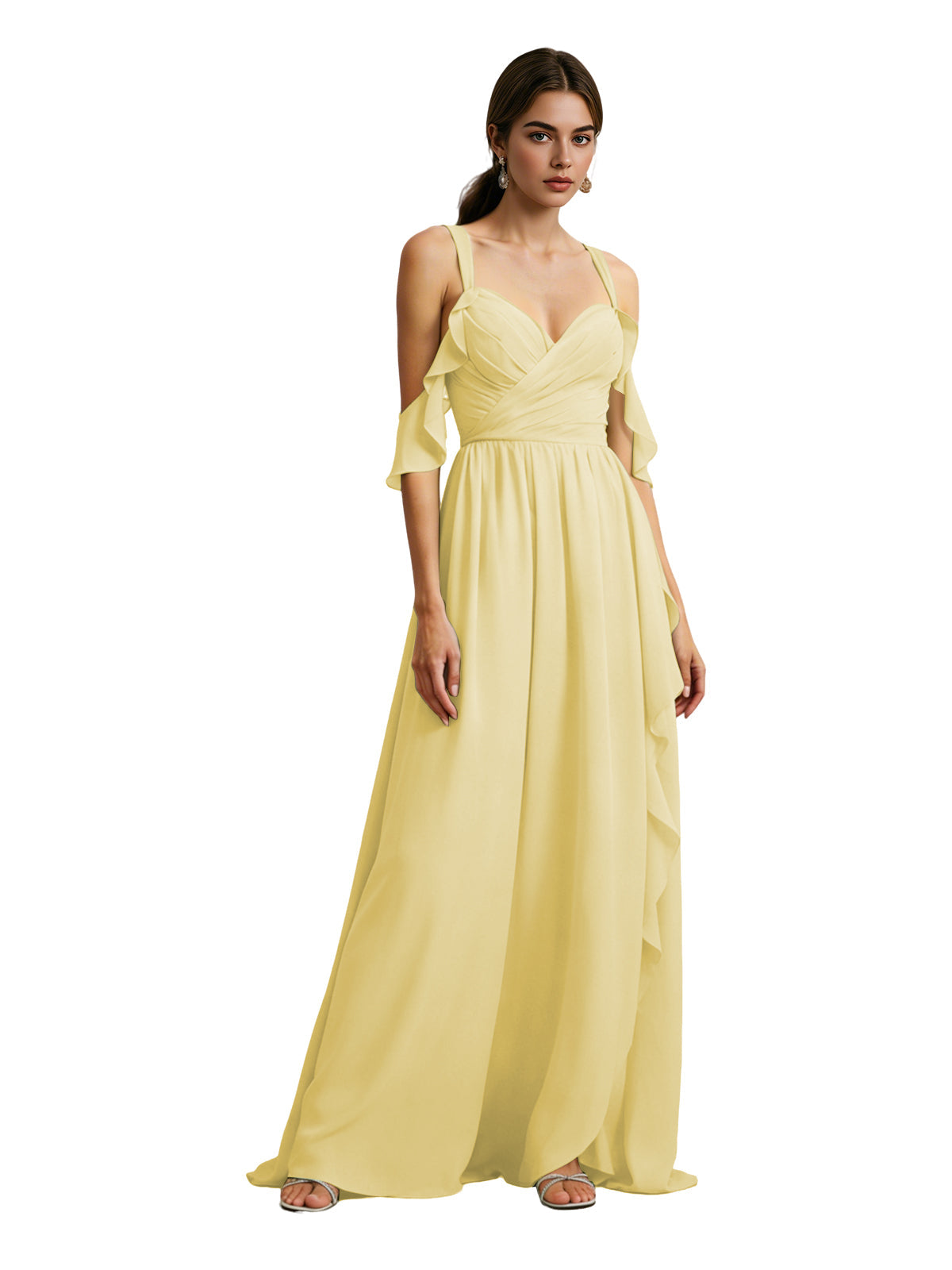 Lemon chiffon cold-shoulder bridesmaid dress with draped V-neck bodice