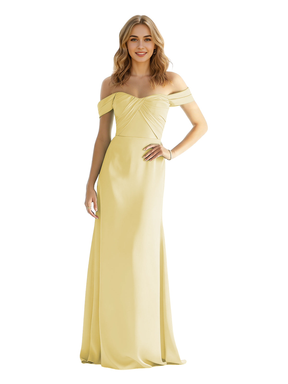 Off-shoulder satin bridesmaid dress, wrapped bodice, floor-length skirt in light yellow.