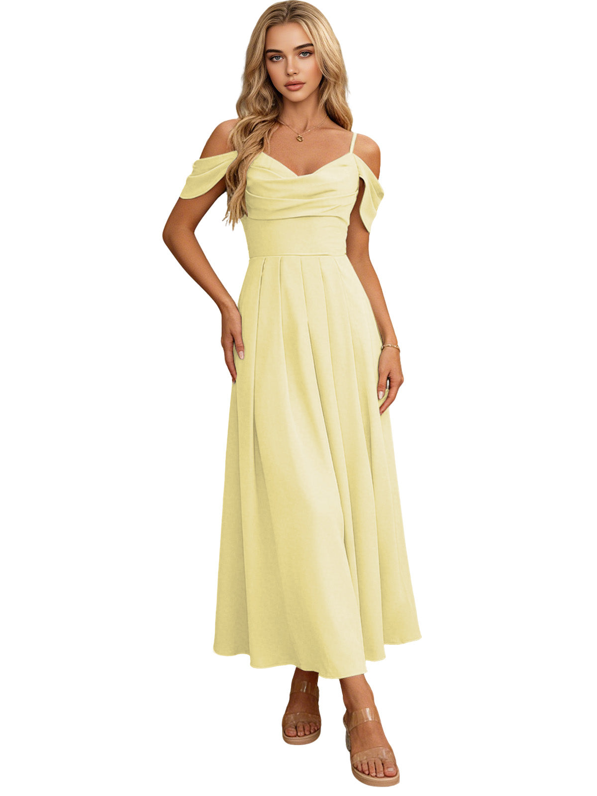 Light yellow off-shoulder midi bridesmaid dress with pleated bodice and flowing skirt