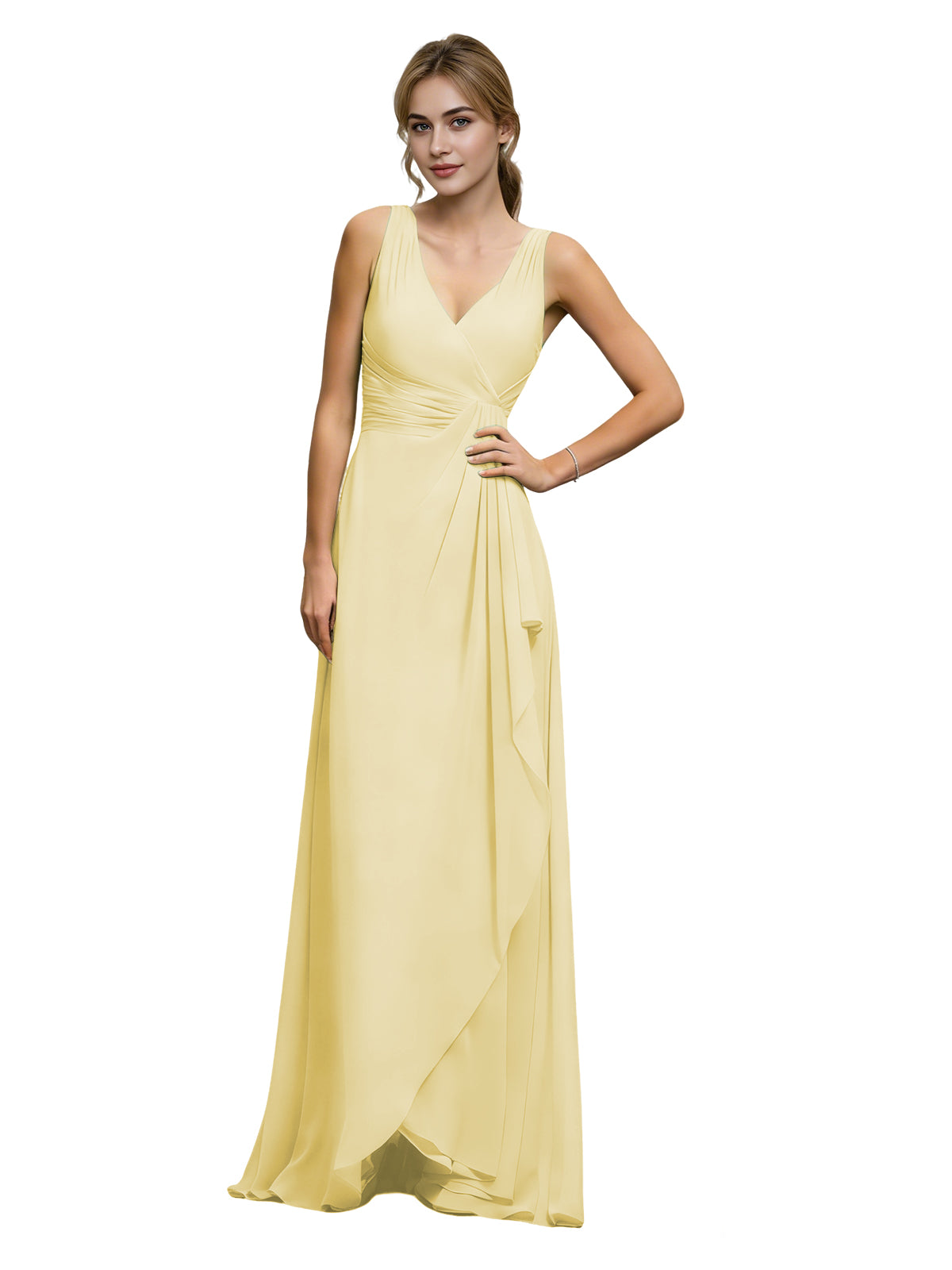Halter V-neck chiffon bridesmaid dress with draped sash waist, pale yellow