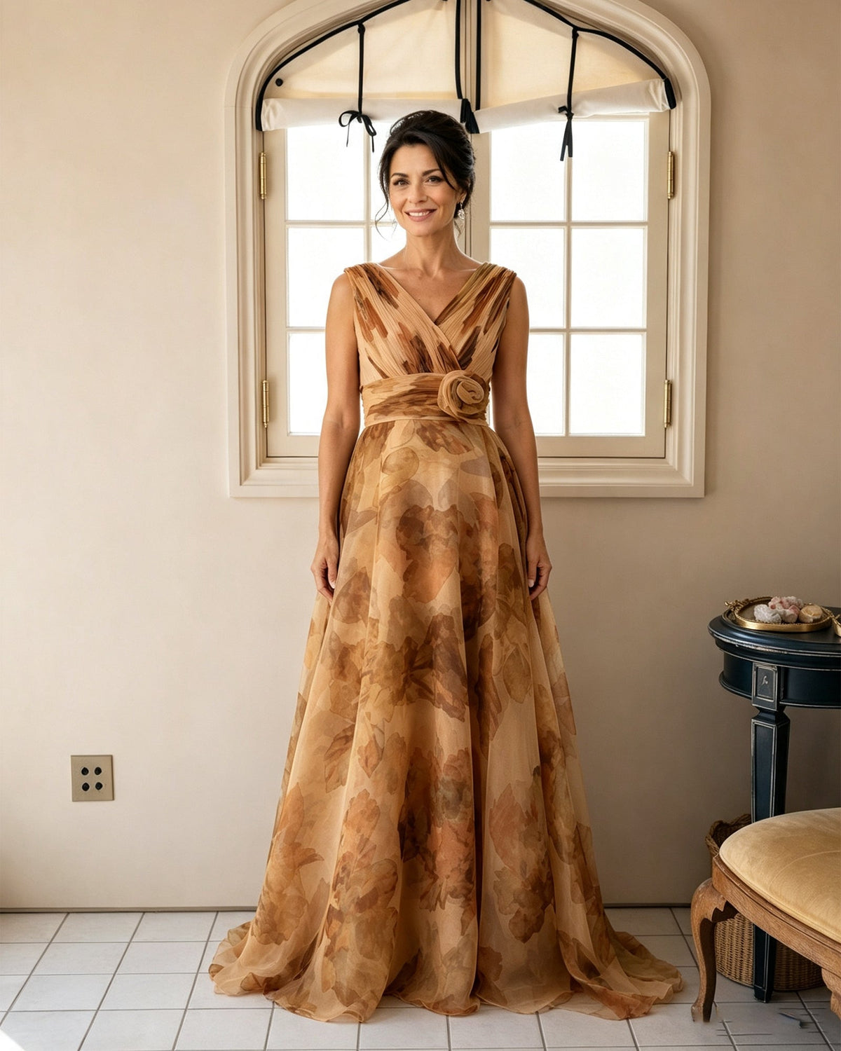 Floral chiffon V-neck mother of the bride dress with rosette sash, sleeveless, golden tan.
