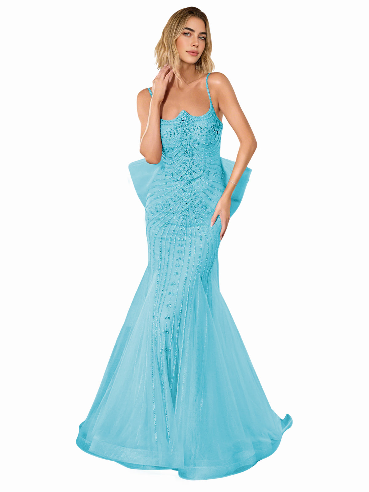 Light blue strapless lace trumpet prom dress with corset back and sweep train