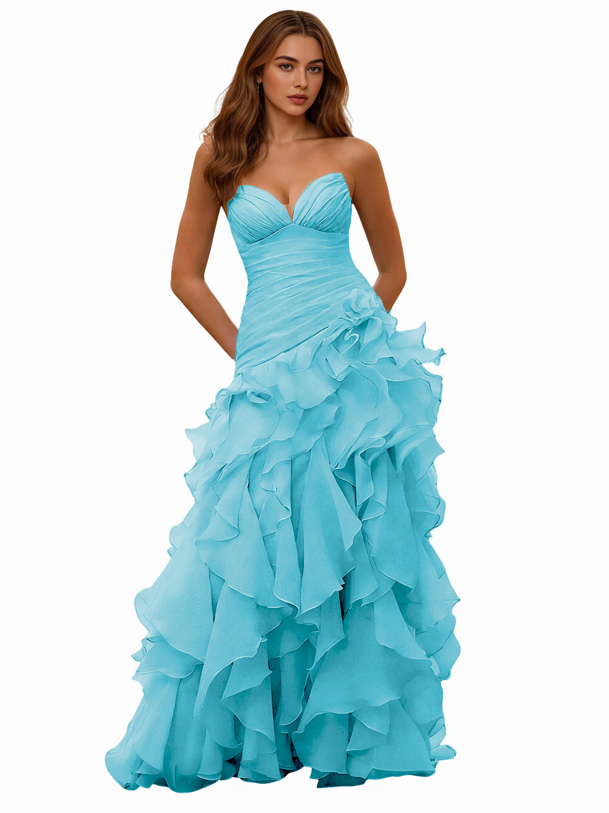 Strapless ruffle ball gown with draped corset bodice, light blue layered skirt.