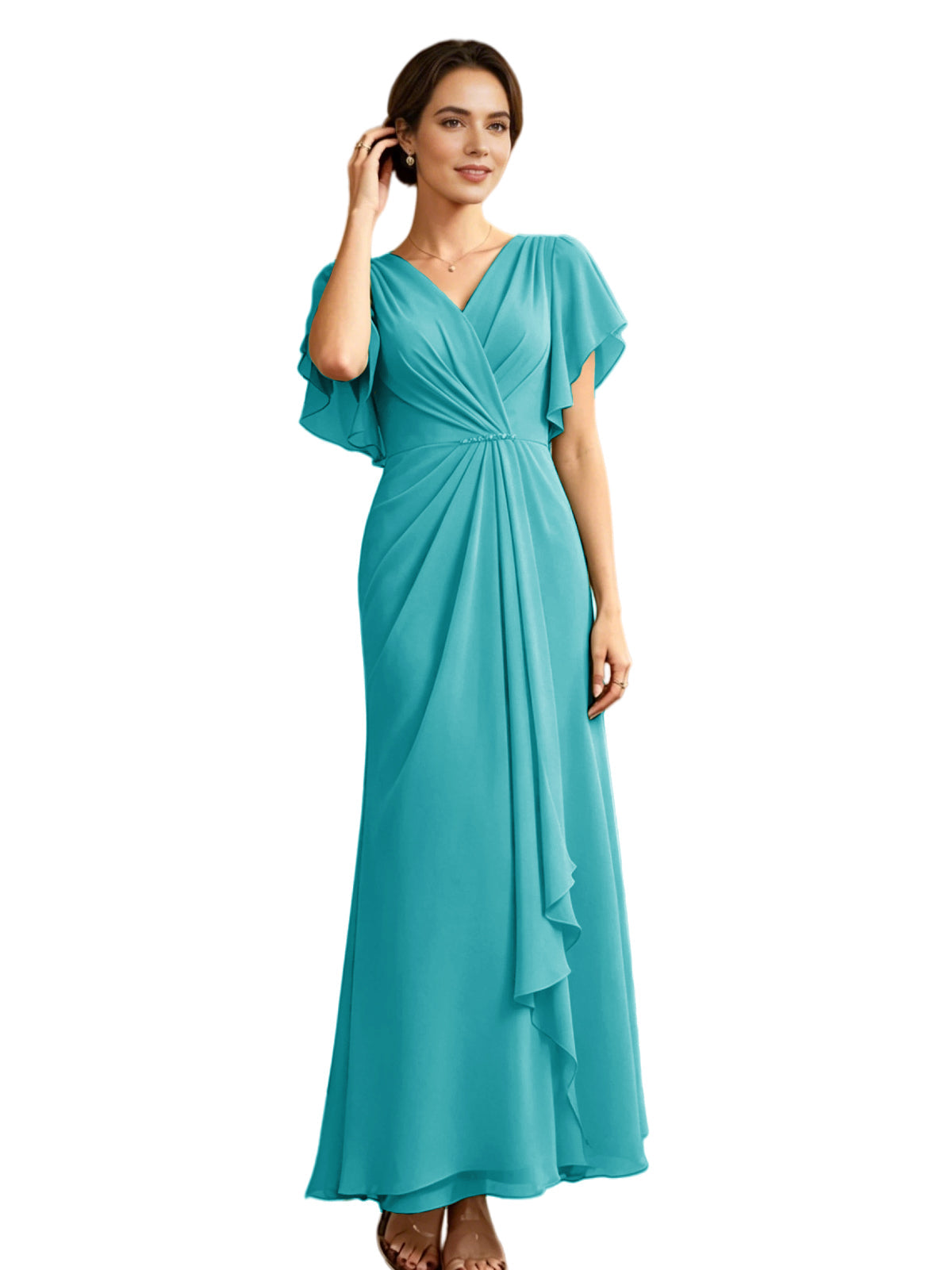Aqua chiffon V-neck mother-of-the-bride gown with flutter sleeves and draped waist