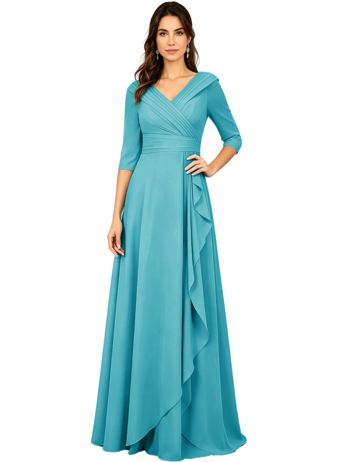 Aqua blue V-neck A-line mother of the bride dress with half sleeves and draped side ruffle.