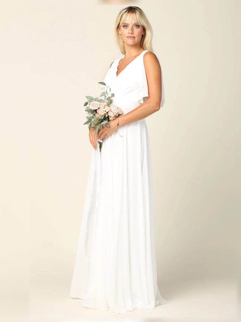 Ruffled V-neck A-line maxi chiffon dress, white with cold-shoulder flutter sleeves.