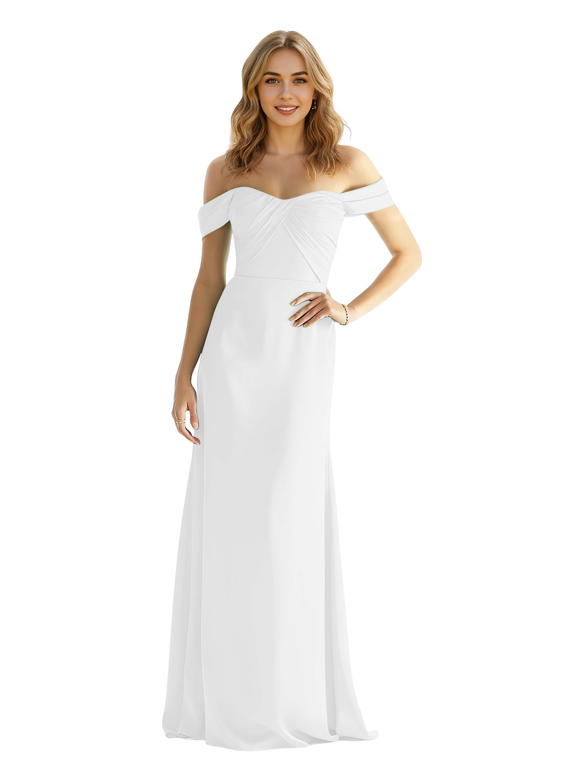 Off-shoulder satin bridesmaid dress, wrapped bodice, floor-length skirt in white.