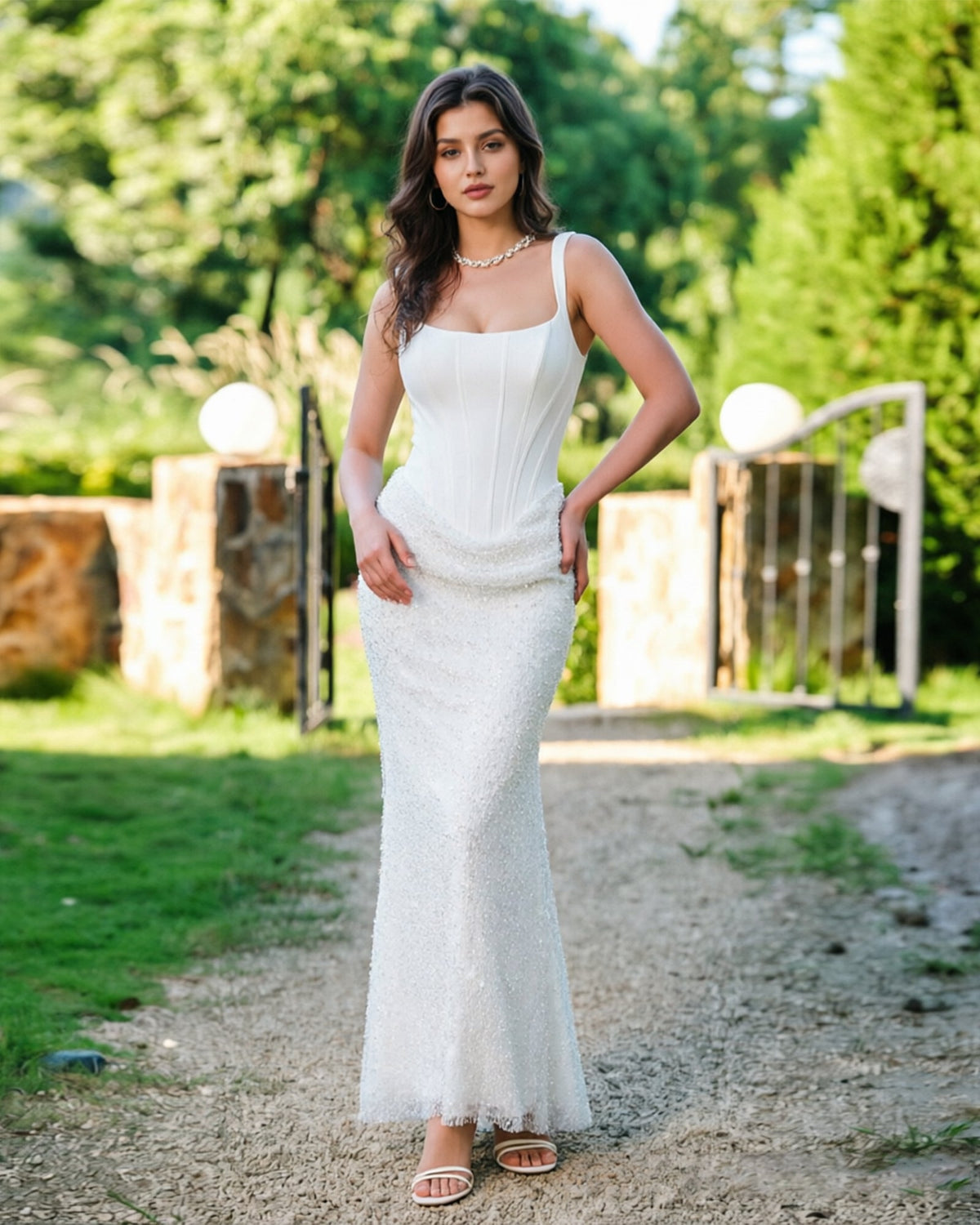 Square-neck sequin lace midi dress, white sparkle midi skirt and draped beading