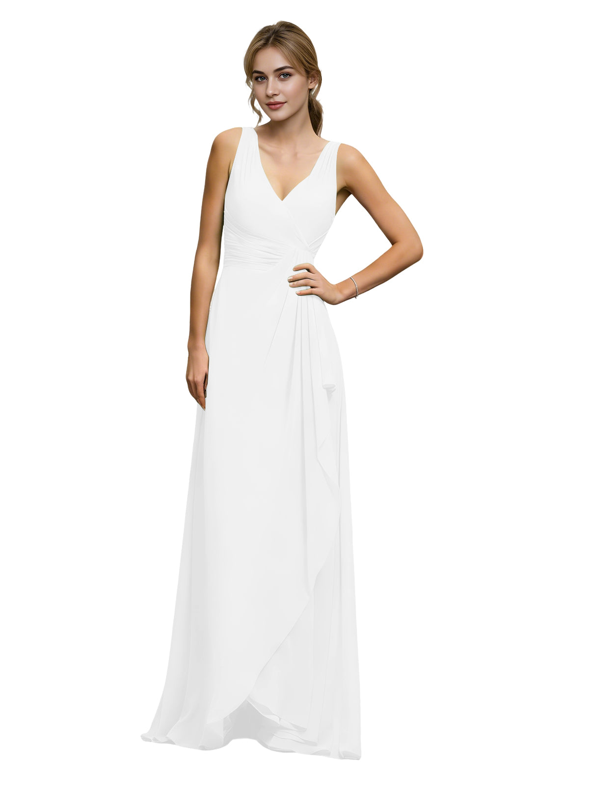 Halter V-neck chiffon bridesmaid dress with draped sash waist, white