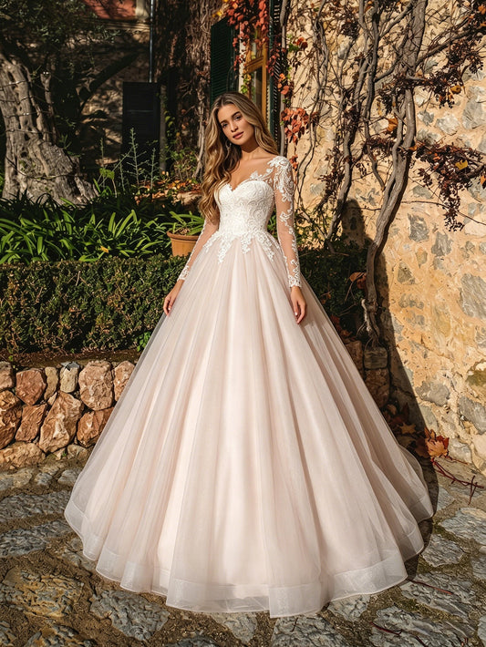 Strapless Satin Tulle Ball Gown Wedding Dress with Beaded Corset Bodice