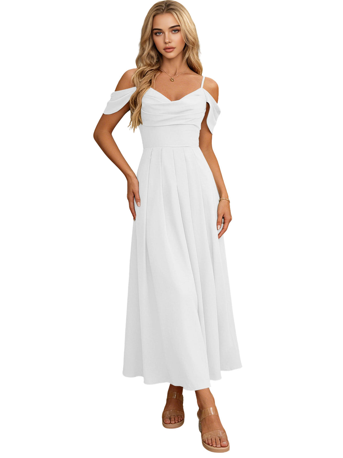 White off-shoulder midi bridesmaid dress with pleated bodice and flowing skirt