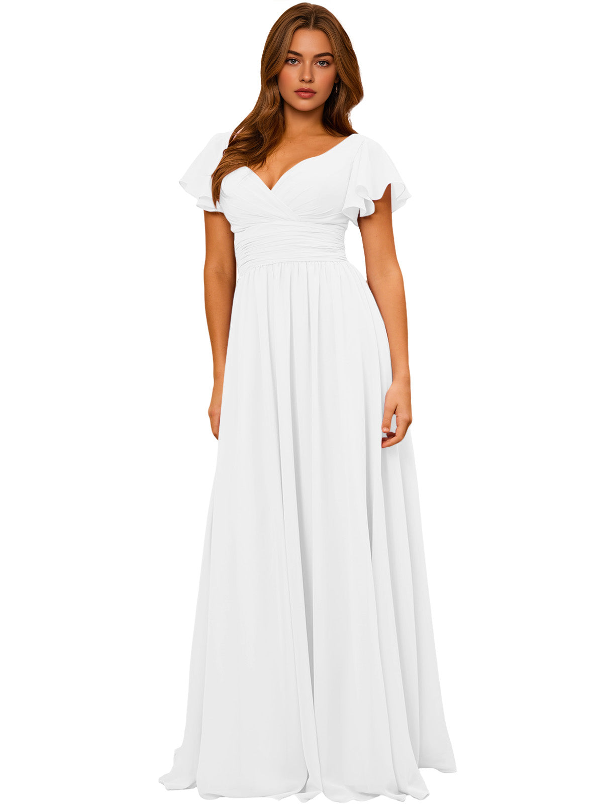 White V-neck chiffon bridesmaid dress with flutter sleeves and empire waist