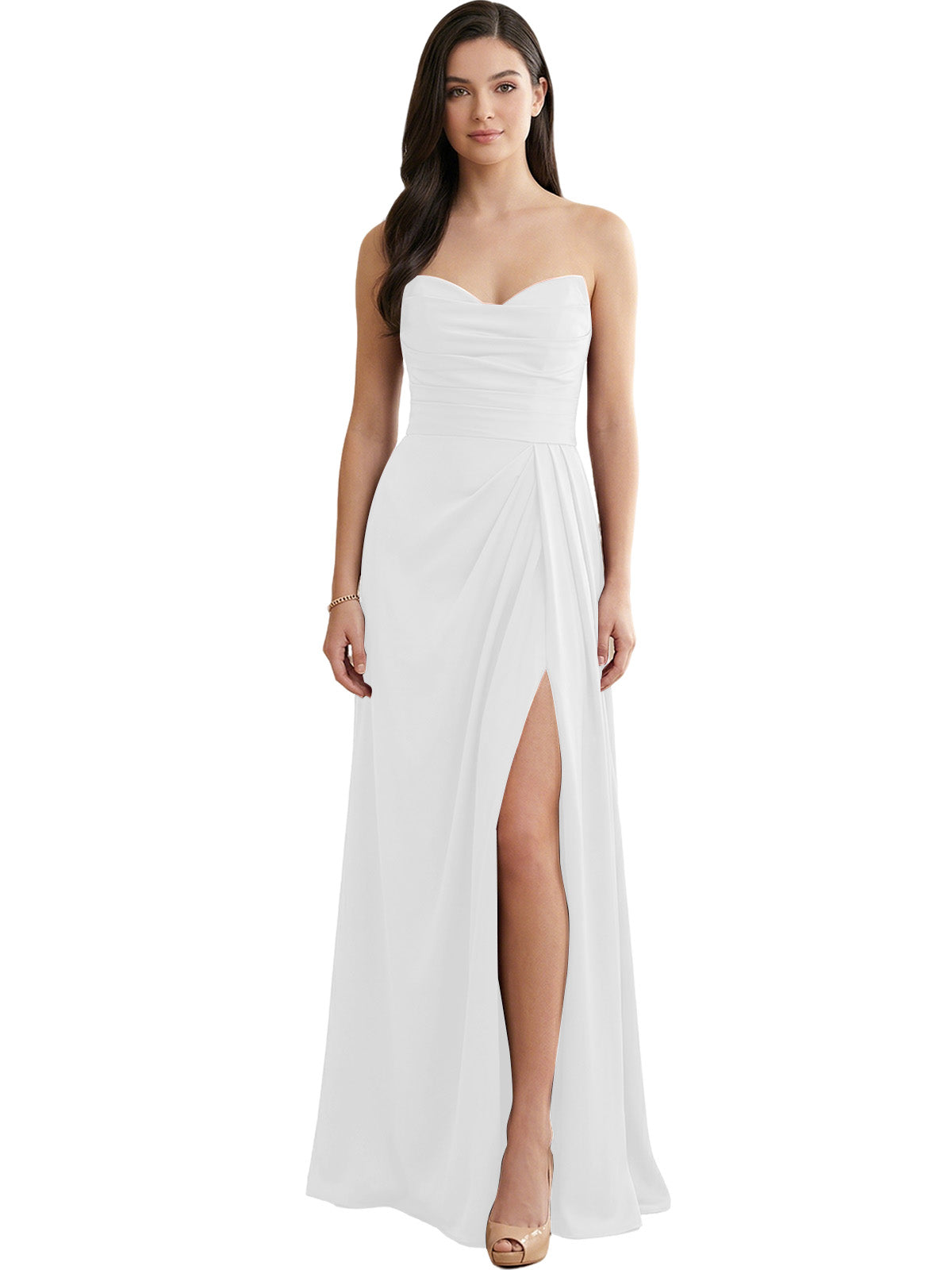 White strapless satin bridesmaid dress with pleated bodice and side slit