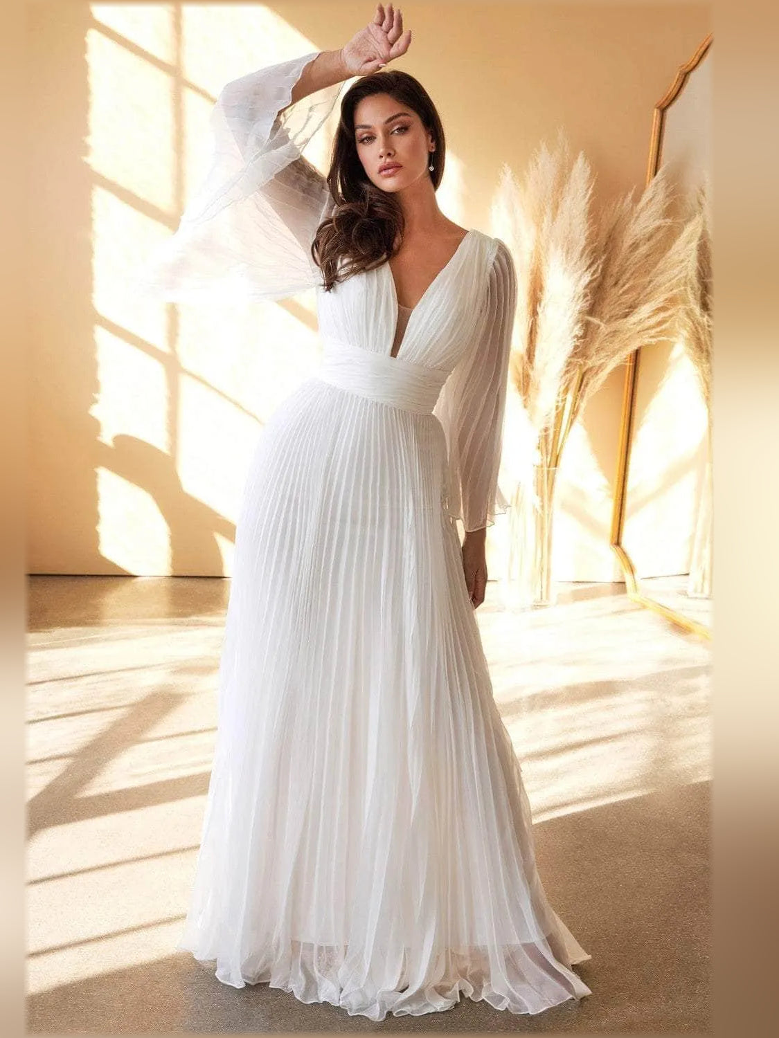 White V-neck chiffon formal dress with pleated A-line skirt and flutter sleeves