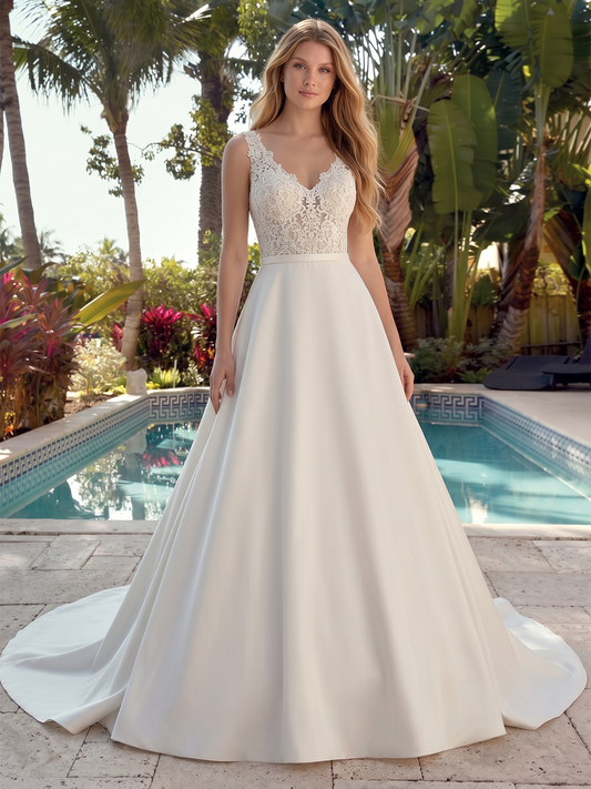 V-Neck Satin A-Line Wedding Dress with Lace Bodice and Train