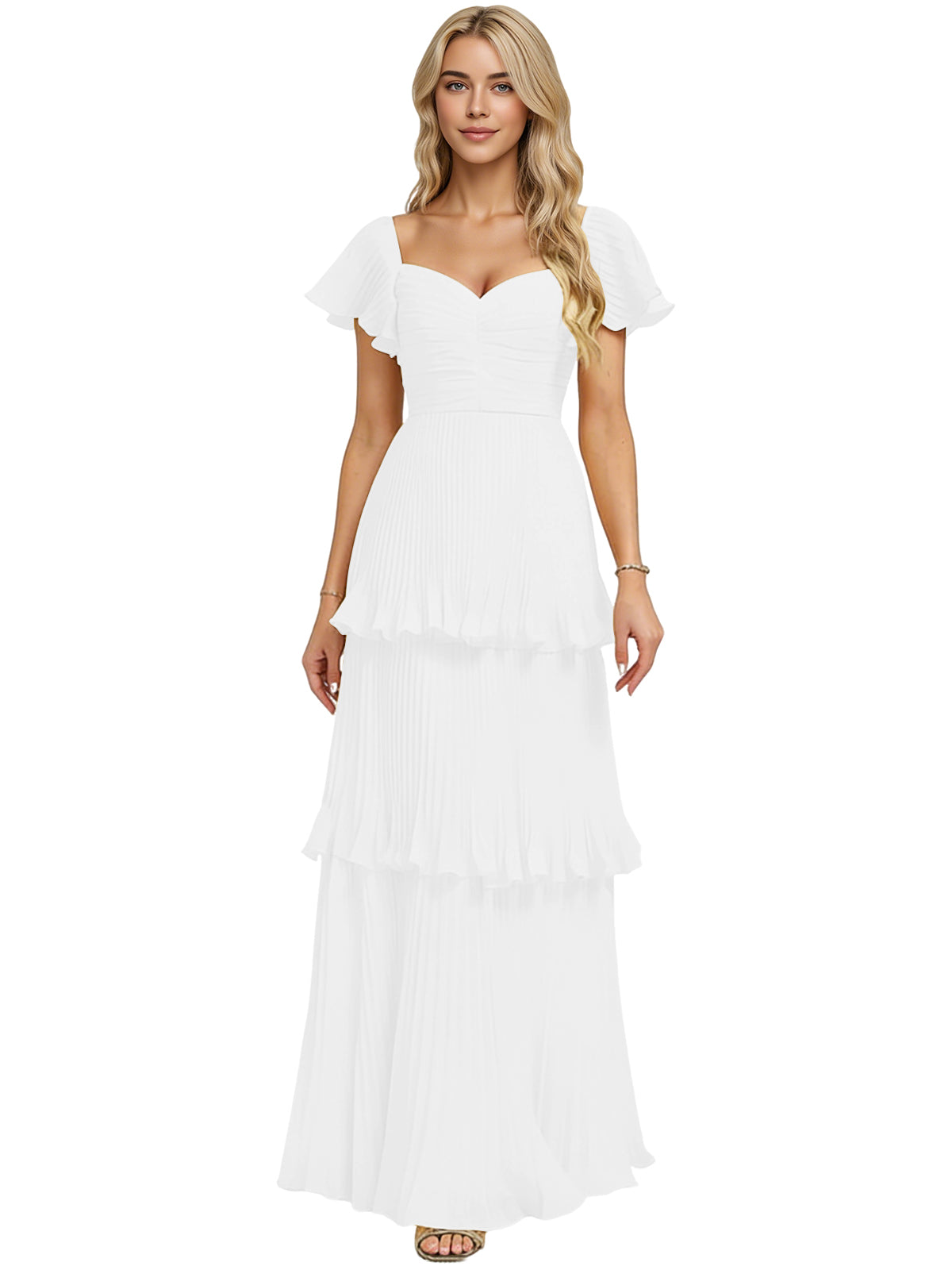 White chiffon bridesmaid dress with sweetheart neckline and tiered ruffle skirt