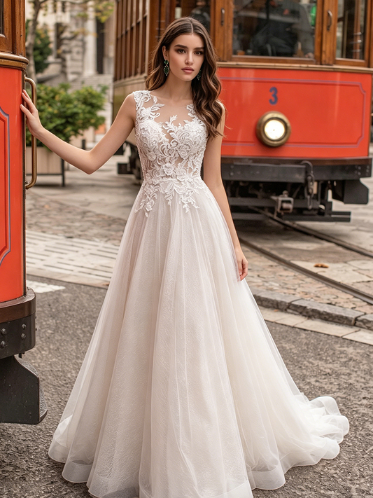 V-Neck Lace Tulle A-Line Wedding Dress with Spaghetti Straps
