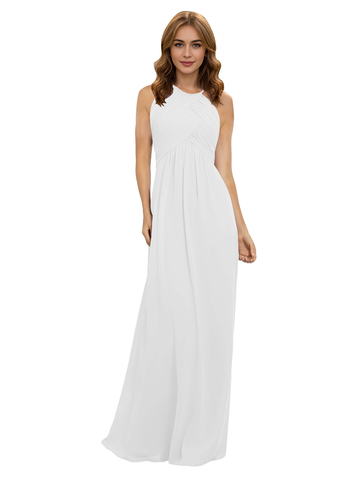 White chiffon halter bridesmaid dress with twisted bodice and keyhole neckline