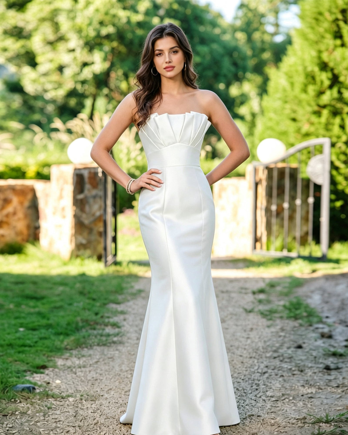 White strapless mermaid formal dress with pleated bodice and smooth fitted silhouette