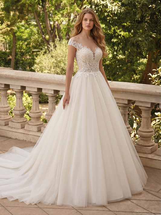Spaghetti Strap Lace Tulle Ball Gown Wedding Dress with Floral Bodice