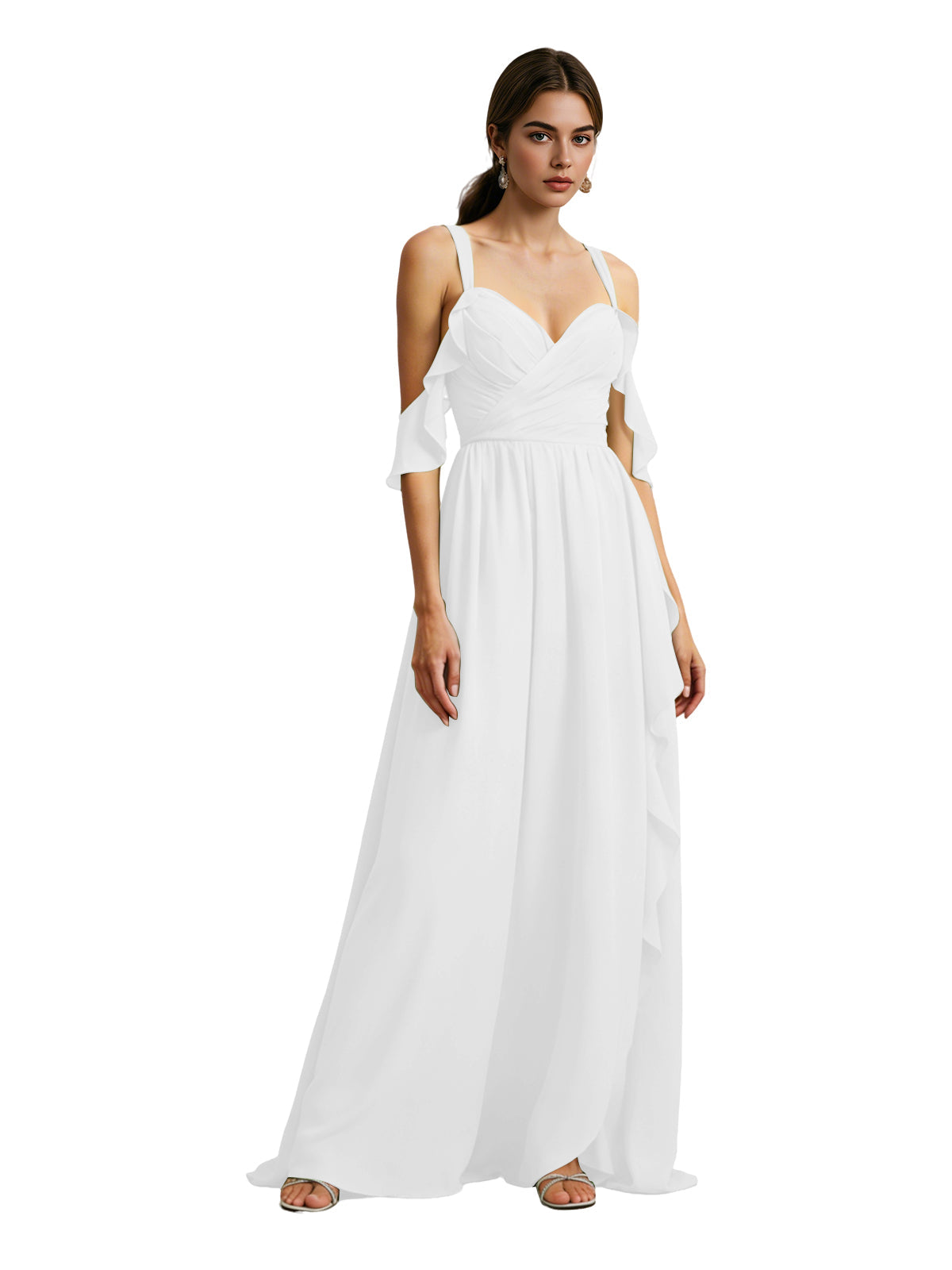 White chiffon cold-shoulder bridesmaid dress with draped V-neck bodice, maxi skirt