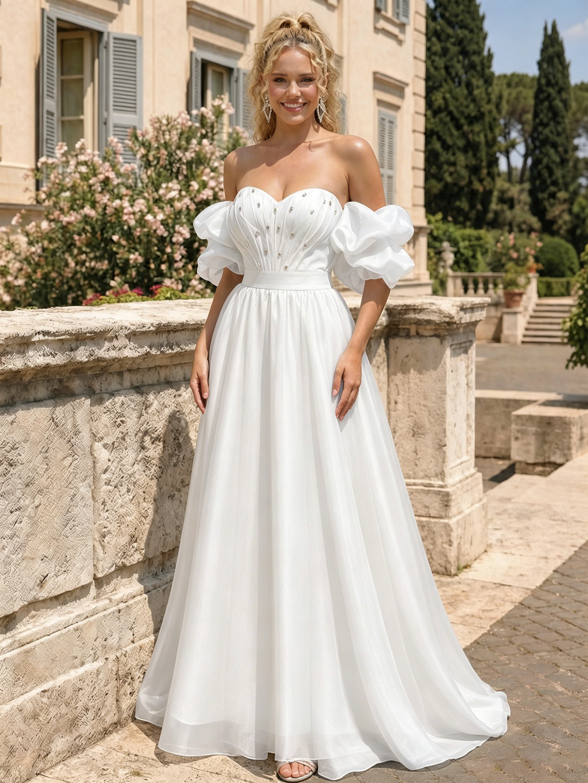 White off-shoulder sweetheart A-line prom dress with puff sleeves and gathered bodice