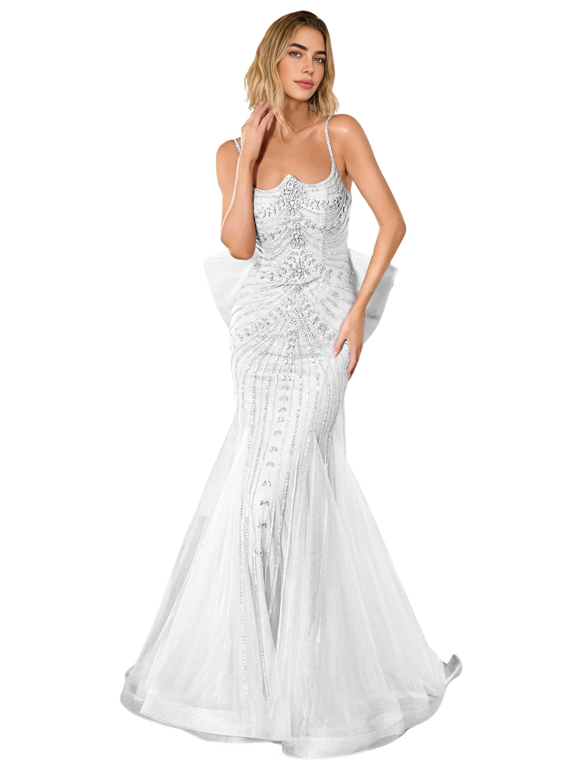 White strapless lace trumpet prom dress with corset back and sweep train