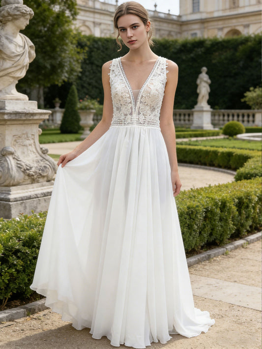 Sleeveless V-Neck Lace Tulle A-Line Wedding Dress with Illusion Bodice