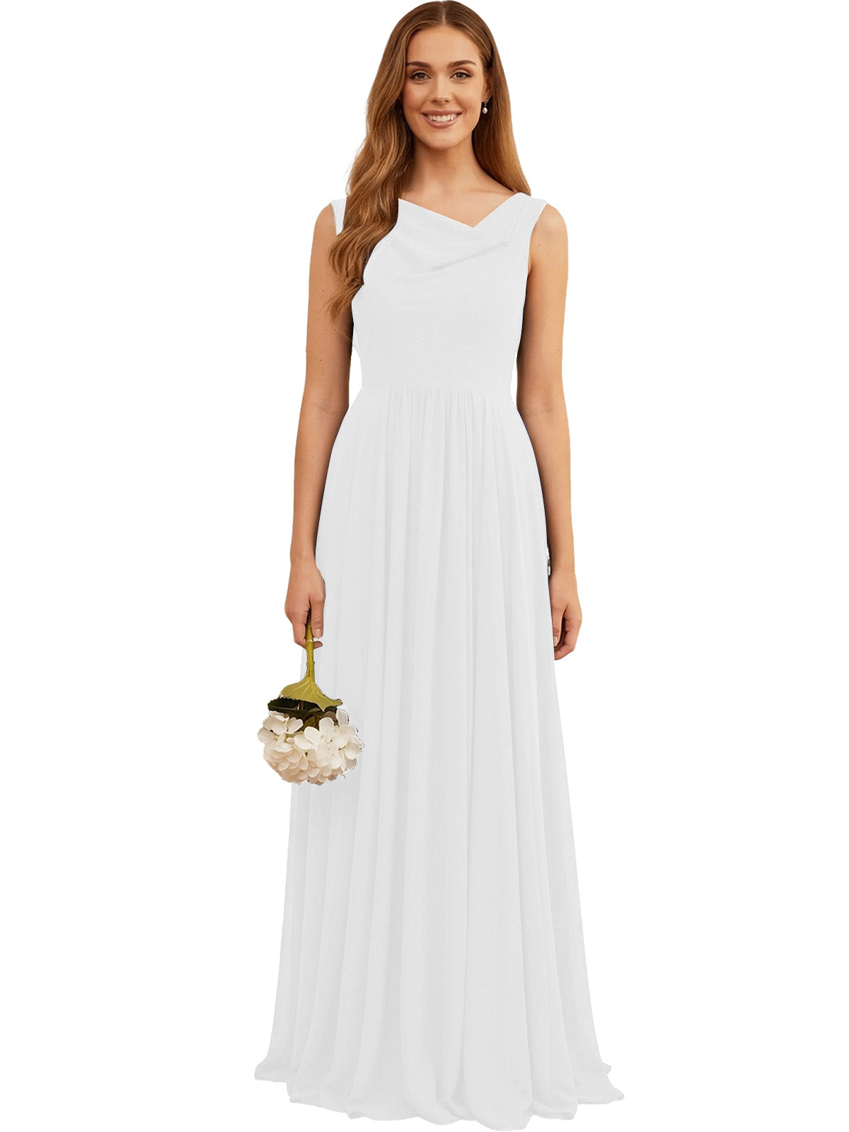 White chiffon bridesmaid dress, sleeveless V-neck with pleated full skirt