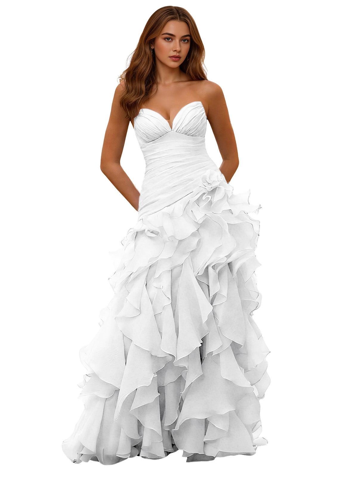 Strapless ruffle ball gown with draped corset bodice, white layered skirt.