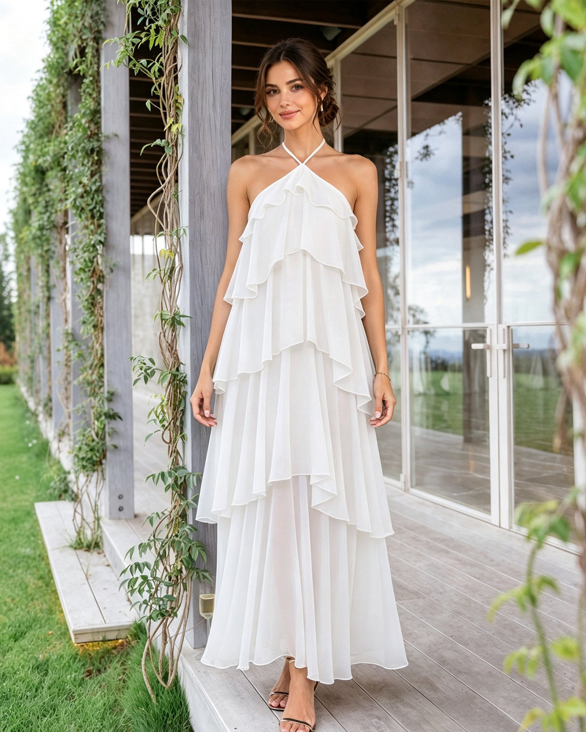 White halter-neck tiered chiffon bridesmaid dress with cascading ruffle overlay