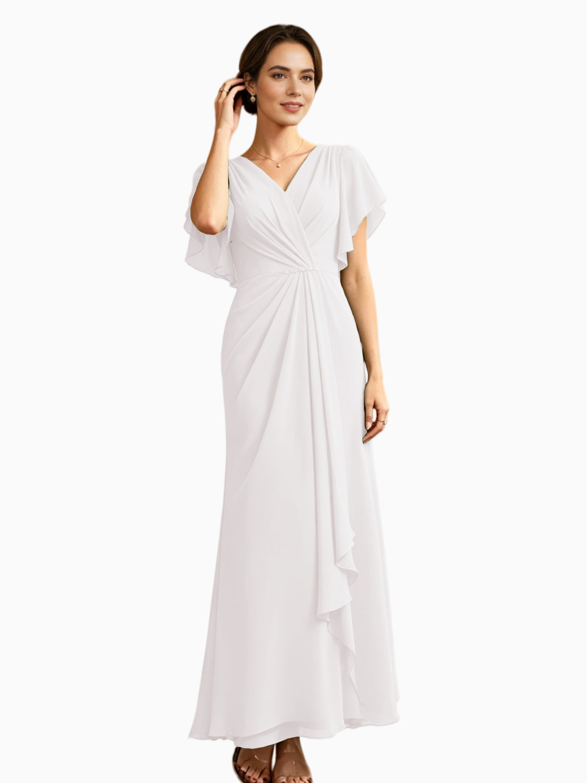 White chiffon V-neck mother-of-the-bride gown with flutter sleeves and draped waist
