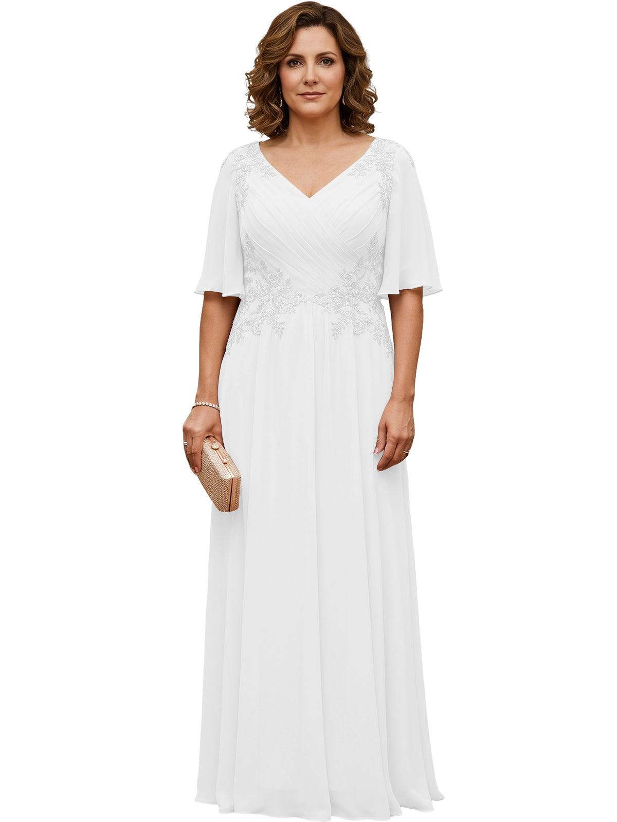 White long chiffon A-line gown with V-neck, flutter sleeves, and beaded lace detail