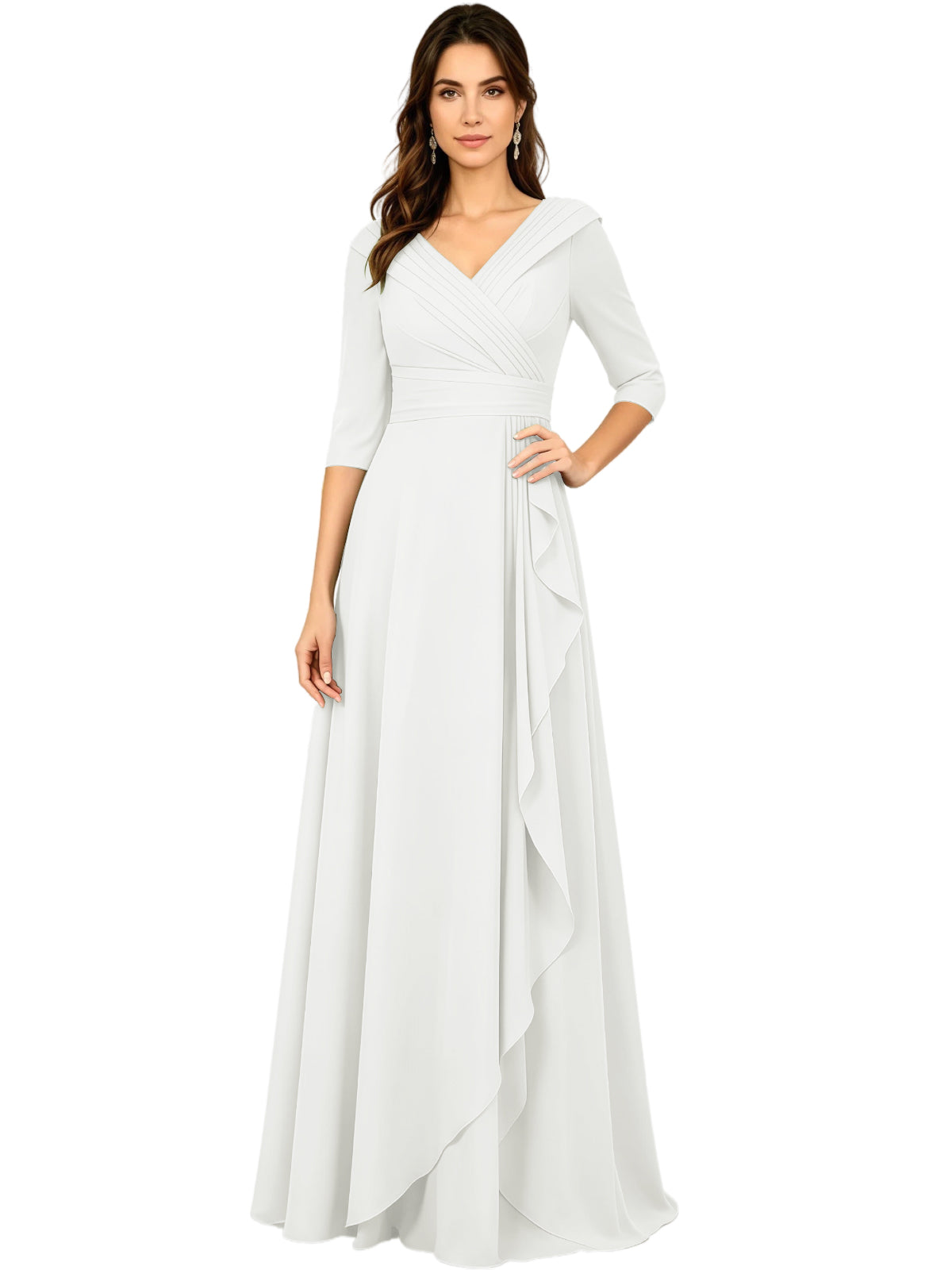 White V-neck A-line mother of the bride dress, half sleeves, side ruffle drape.