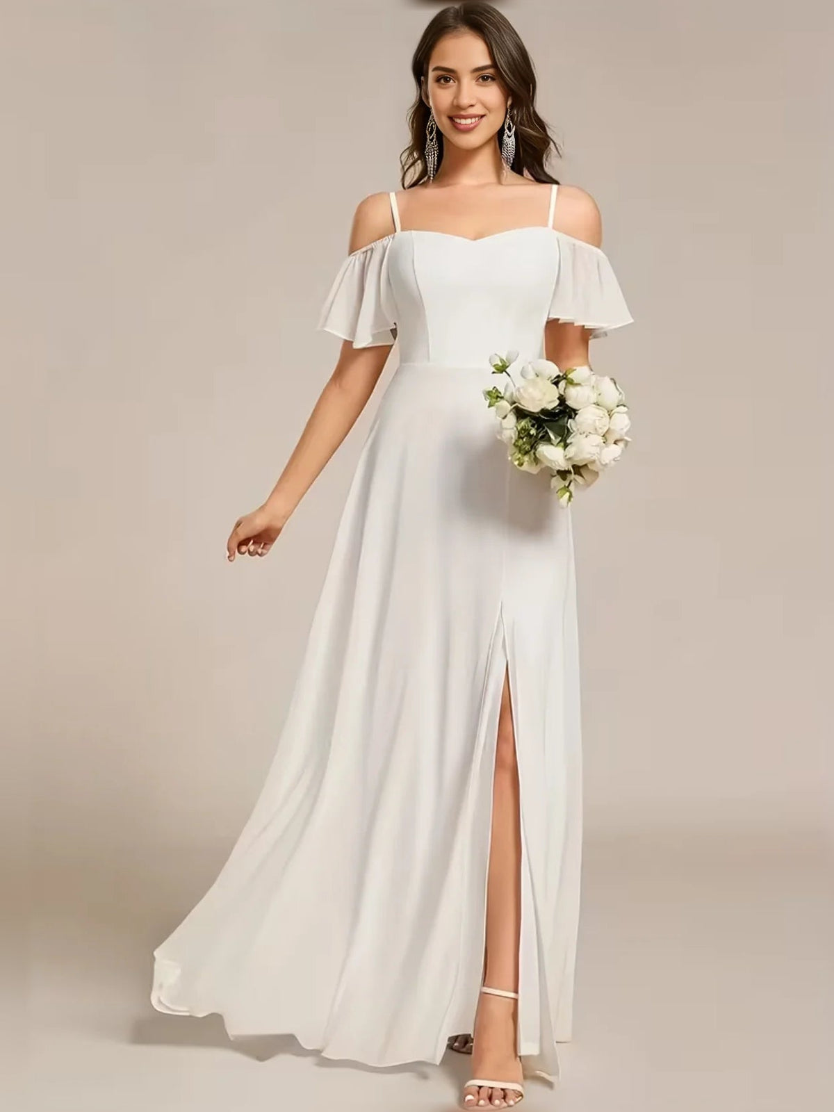 Ivory A-line maxi chiffon dress with off-shoulder ruffles, sweetheart neckline, and side slit