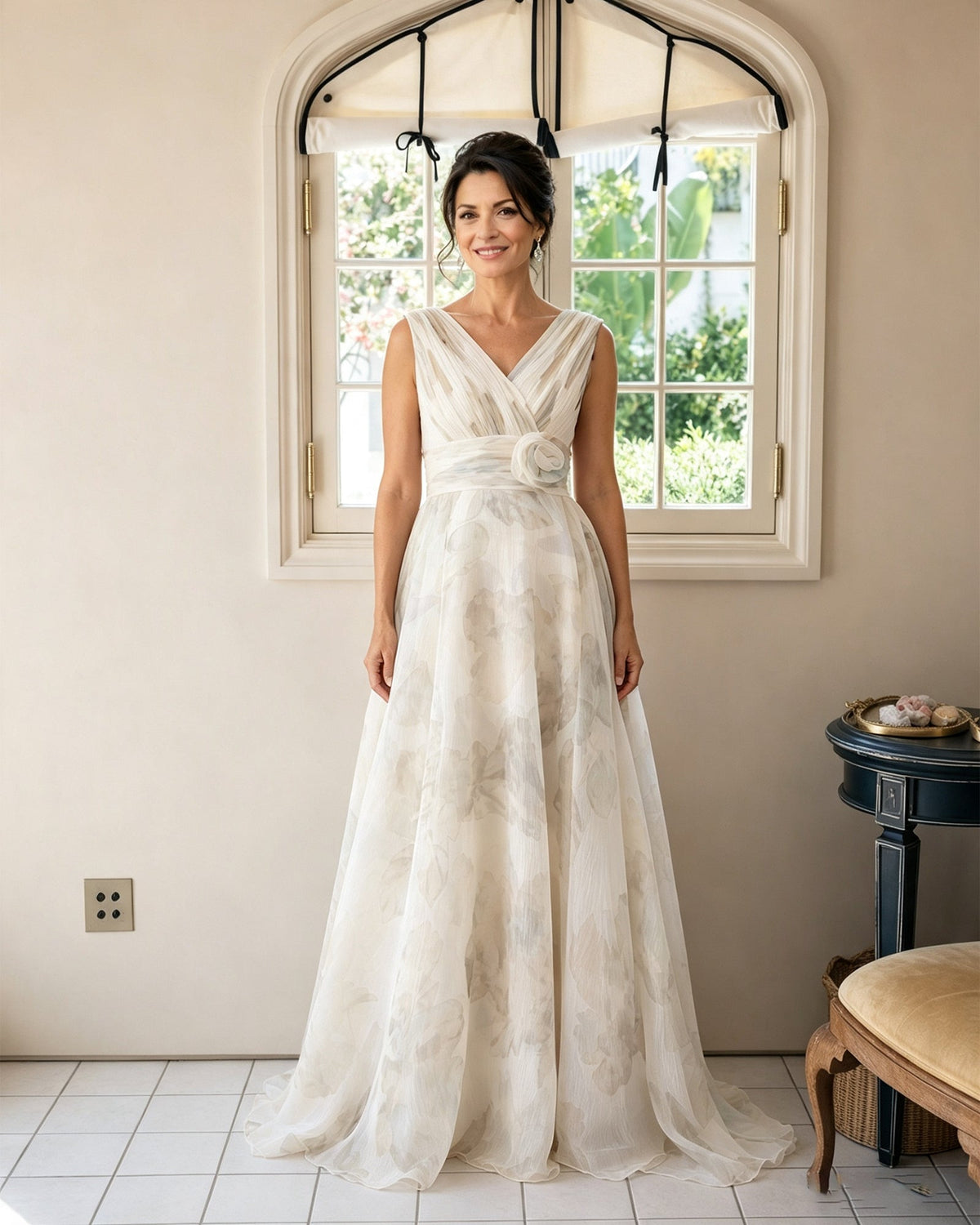 Floral chiffon V-neck mother of the bride dress with rosette sash, sleeveless, ivory.
