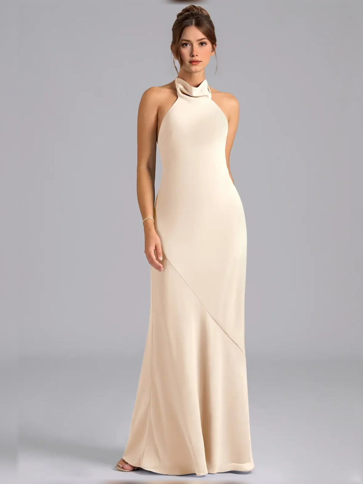 High-neck chiffon sheath maxi dress, ivory, sleeveless halter, high neckline and maxi hem.