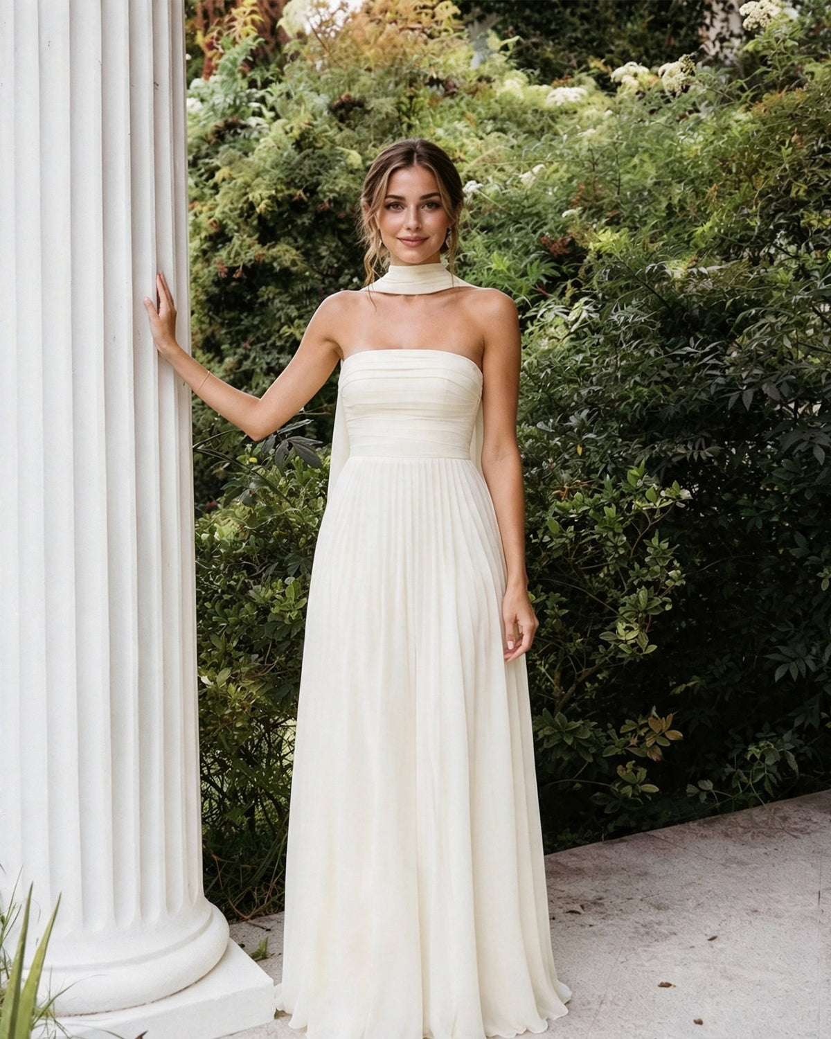 Ivory strapless chiffon bridesmaid dress with pleated bodice, A-line skirt, neck scarf