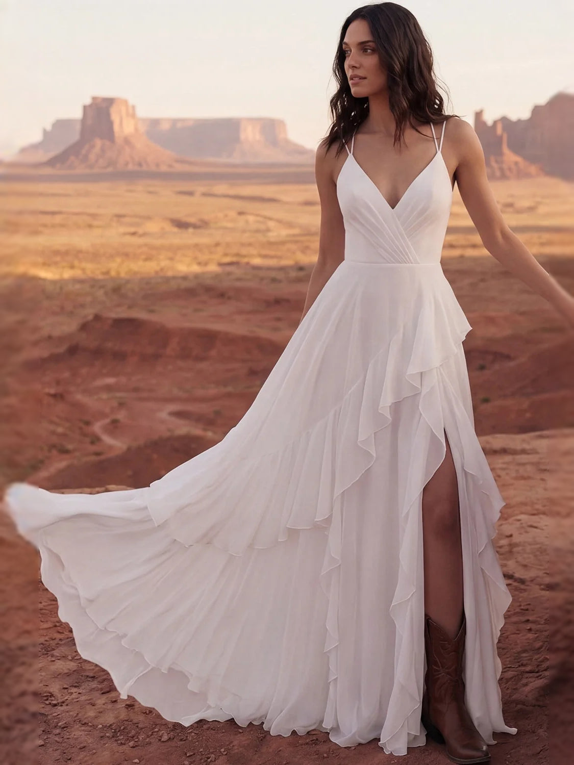 Ivory chiffon wedding dress with V-neck bodice, flowing ruffled tiers, and high side slit