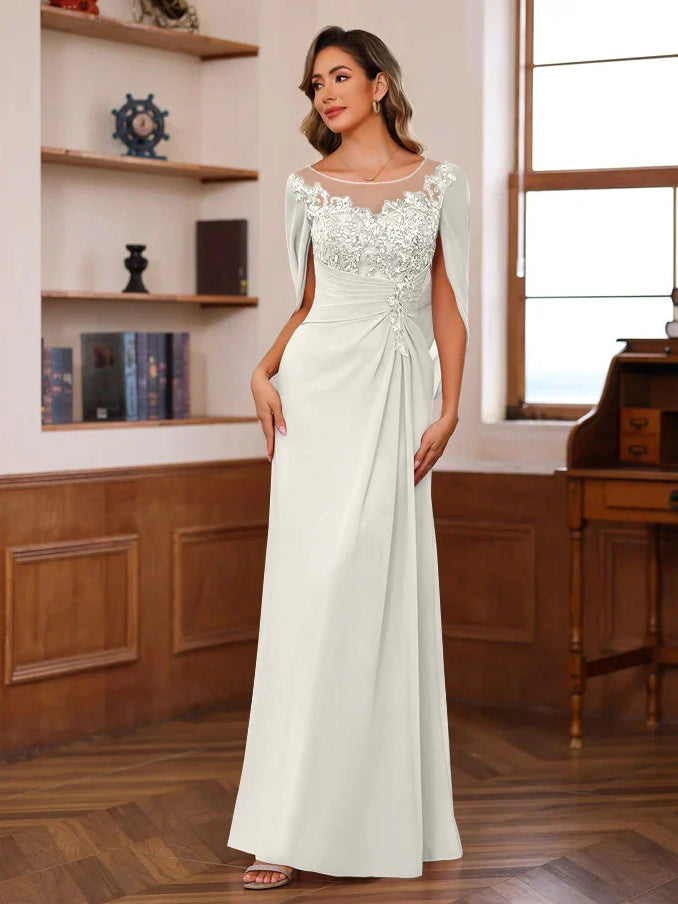 Ivory floor-length chiffon sheath dress with flower applique scoop neckline