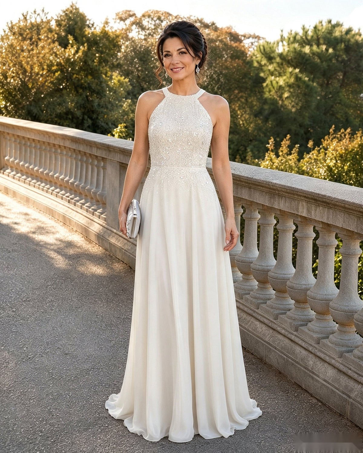 Ivory halter neck sequin chiffon A-line mother-of-the-bride dress, floor-length