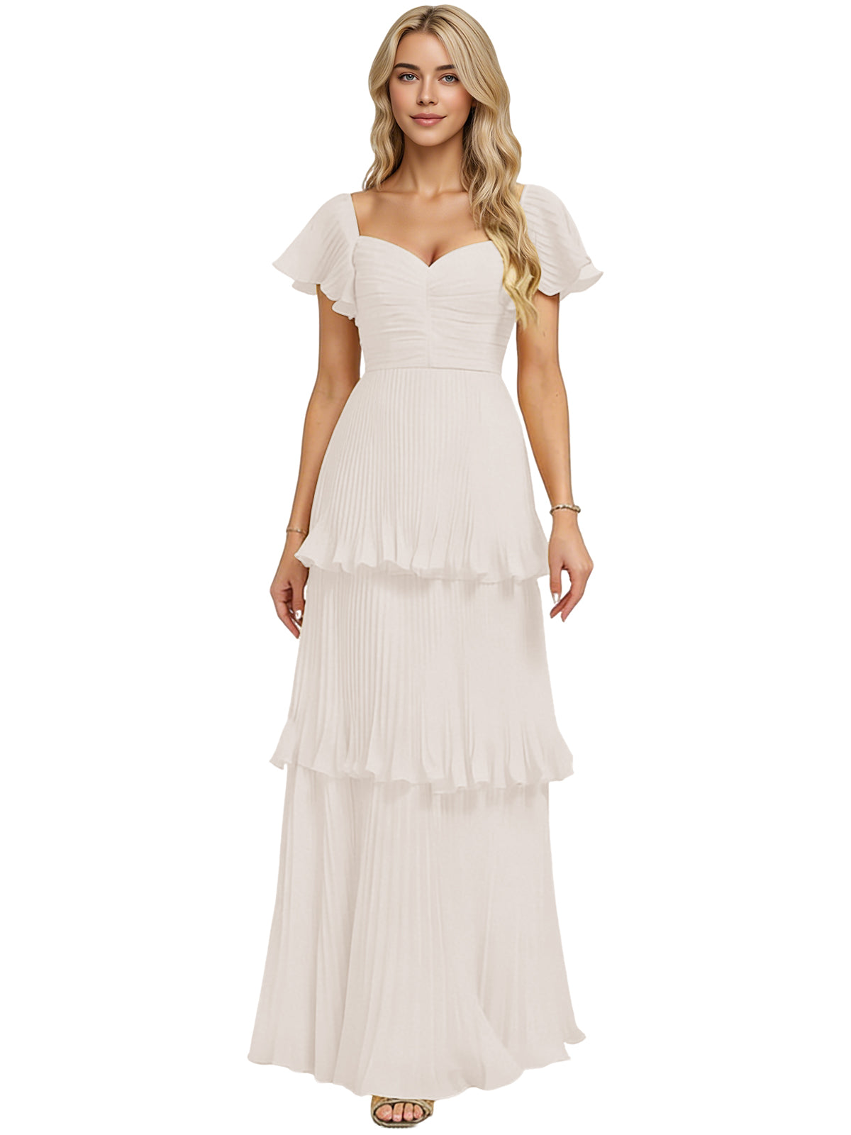 Ivory chiffon bridesmaid dress with sweetheart neckline and tiered ruffle skirt