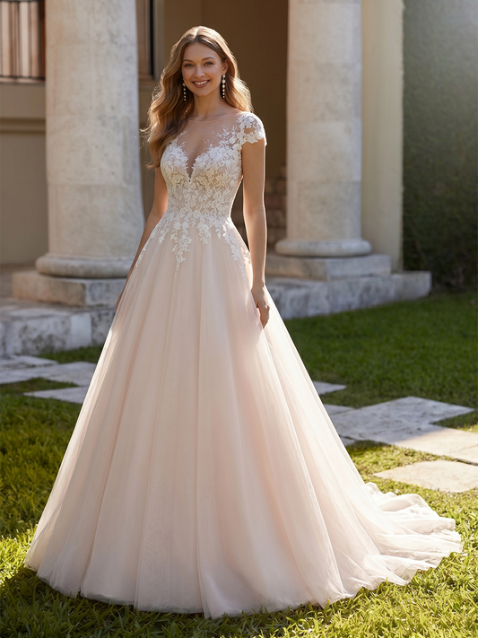 Cap Sleeve Lace Tulle A-Line Wedding Dress with V-Neck Bodice