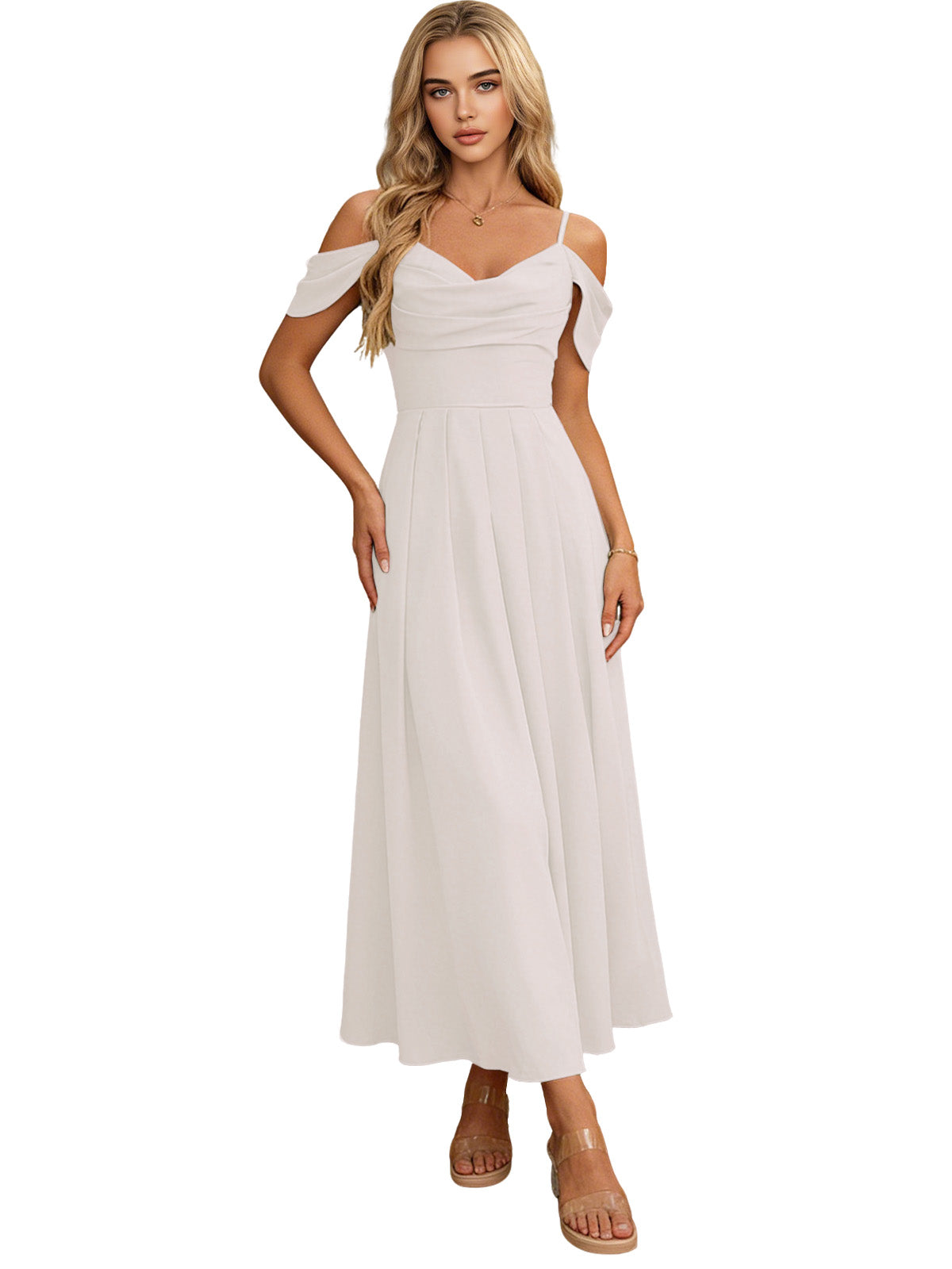 White off-shoulder midi bridesmaid dress with pleated bodice and flowing pleated skirt