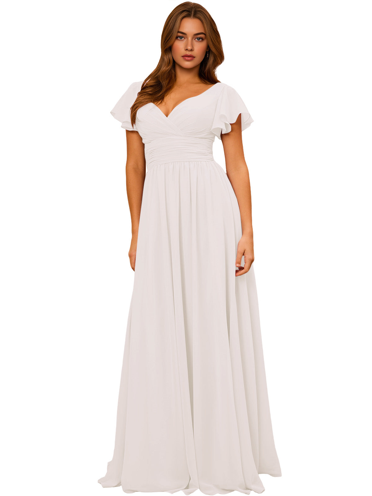 Off-white V-neck chiffon bridesmaid dress with flutter sleeves and empire waist